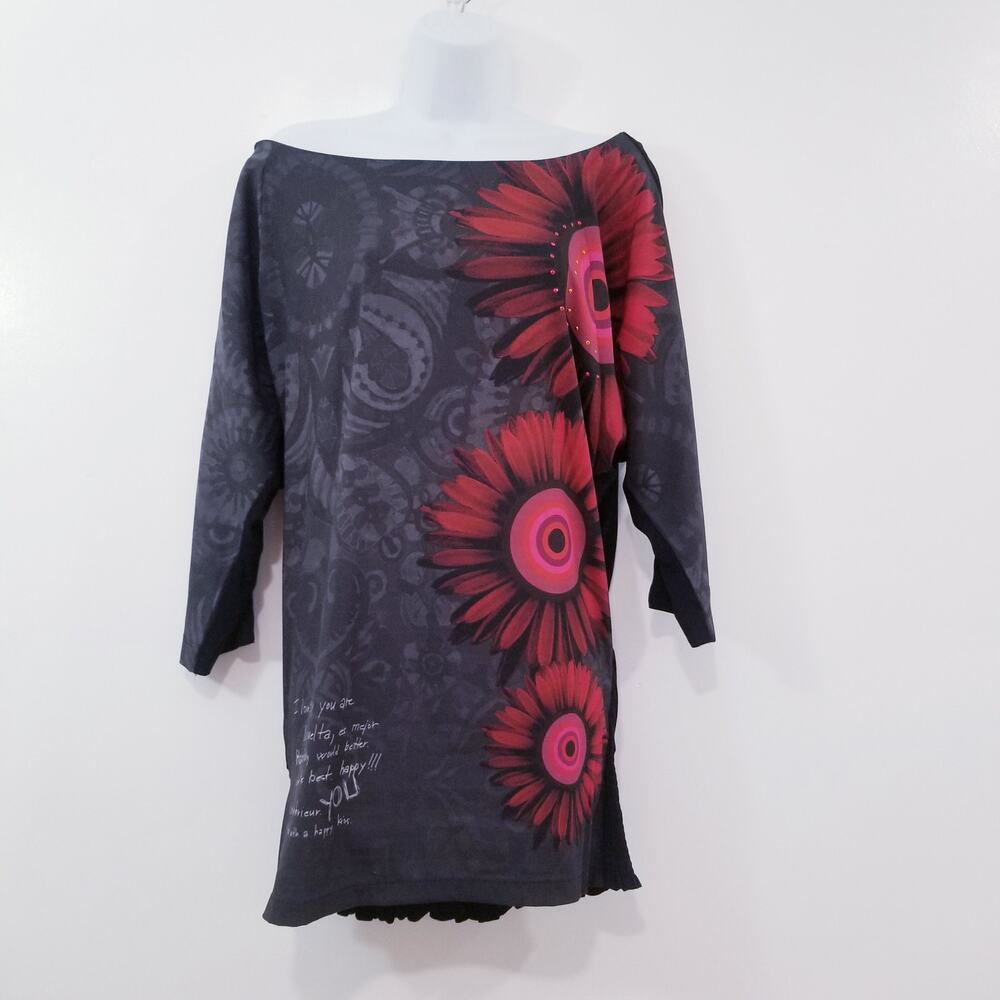 Desigual Off Shoulder Floral Rhinestones Tunic Mini Dress Dolman Sleeves